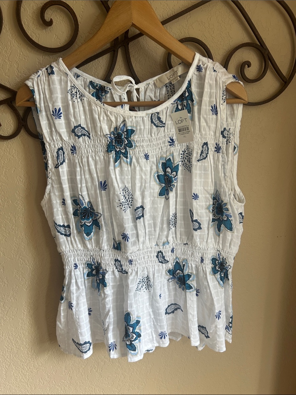 LOFT White Sleeveless Smocked Peplum Top with Teal Blue Floral Print